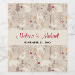 Cute Woodland Animals Nordic Pattern Weddenschap Wijn Etiket