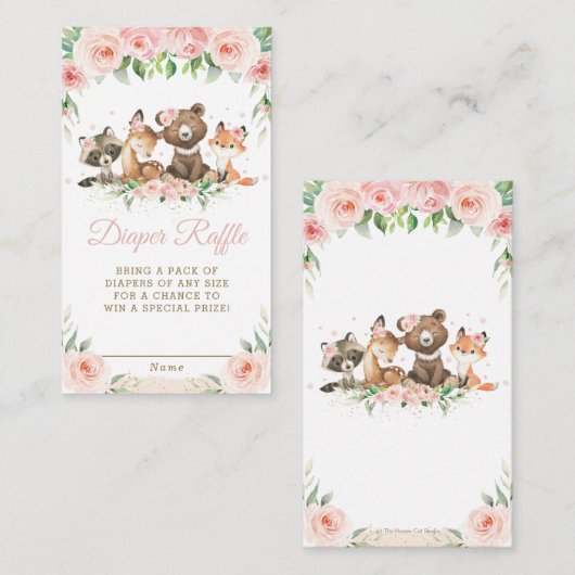 Cute Woodland Animals Pink Floral Diaper Raffle  Informatiekaartje (Voorkant / Achterkant)