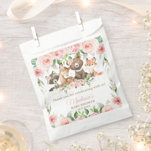 Cute Woodland Animals Pink Floral Girl Baby shower Bedankzakje (Geknipt)