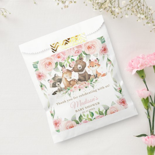 Cute Woodland Animals Pink Floral Girl Baby shower Bedankzakje (Gezegeld)