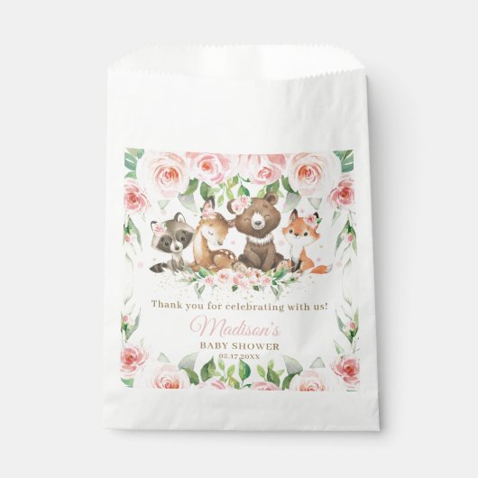 Cute Woodland Animals Pink Floral Girl Baby shower Bedankzakje (Voorkant)