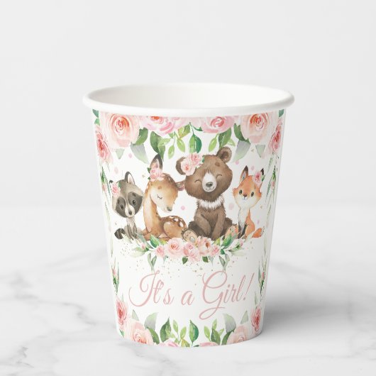 Cute Woodland Animals Pink Floral Girl Baby shower Papieren Bekers (Achterkant)