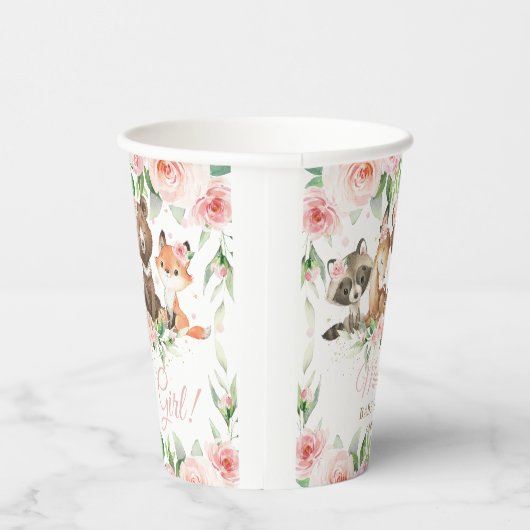 Cute Woodland Animals Pink Floral Girl Baby shower Papieren Bekers (Rechts)