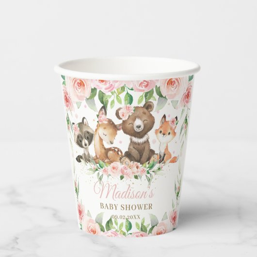 Cute Woodland Animals Pink Floral Girl Baby shower Papieren Bekers (Voorkant)