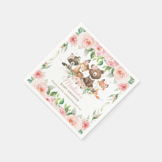 Cute Woodland Animals Pink Floral Girl Baby shower Servet (Hoek)