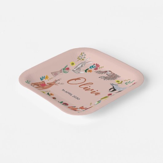 Cute Woodland Animals Roze Baby shower Papieren Bordje (Gebogen)