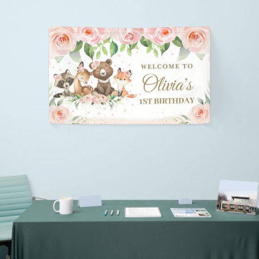 Cute Woodland Animals Roze Floral Backdrop Banner (Beurs)