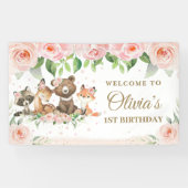 Cute Woodland Animals Roze Floral Backdrop Banner (Horizontaal)
