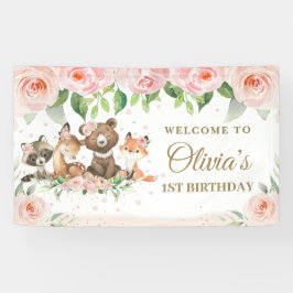 Cute Woodland Animals Roze Floral Backdrop Banner