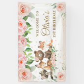 Cute Woodland Animals Roze Floral Backdrop Banner (Verticaal)