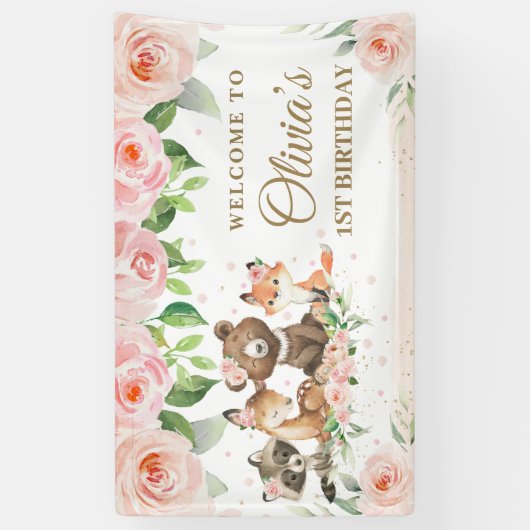 Cute Woodland Animals Roze Floral Backdrop Banner (Verticaal)