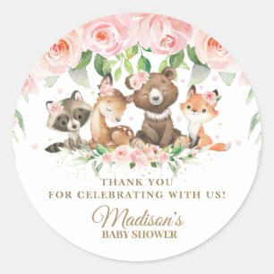 Cute Woodland Animals Roze Floral Hartelijk dank  Ronde Sticker