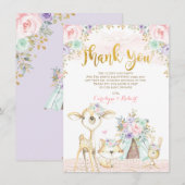 Cute Woodland Animals Roze Mint Gold Floral Bedankkaart (Voorkant / Achterkant)