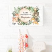 Cute Woodland Animals Rustic Greenery 1st Birthday Spandoek (Insitu)