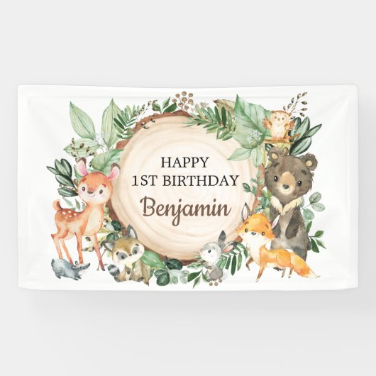 Cute Woodland Animals Rustic Greenery 1st Birthday Spandoek (Horizontaal)