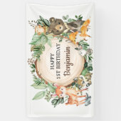 Cute Woodland Animals Rustic Greenery 1st Birthday Spandoek (Verticaal)