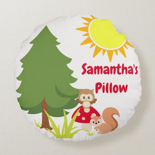 Cute Woodland Animals Squirrel & Owl Baby Nursery Rond Kussen (Achterkant)