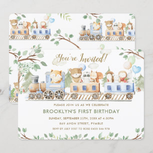 Cute Woodland Animals Train Greenery Birthday  Kaart
