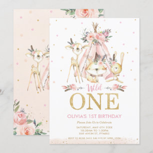 Cute Woodland Animals Tribal Girl One 1e verjaarda Kaart