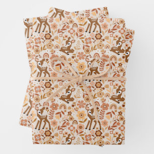Cute Woodland Baby Deer Floral Pattern Inpakpapier Vel