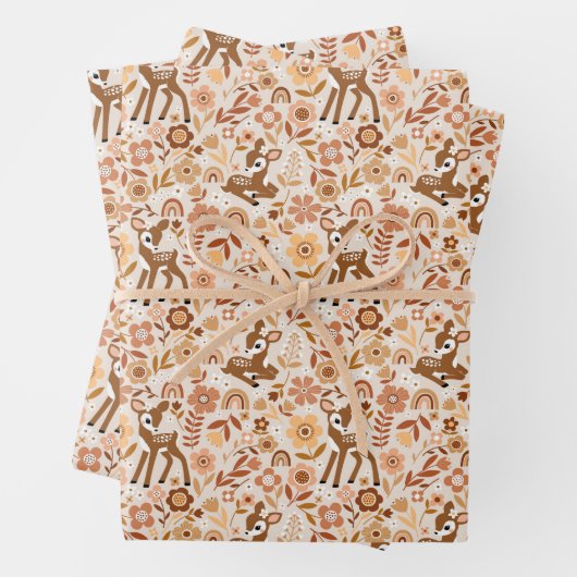 Cute Woodland Baby Deer Floral Pattern Inpakpapier Vel (In situ)