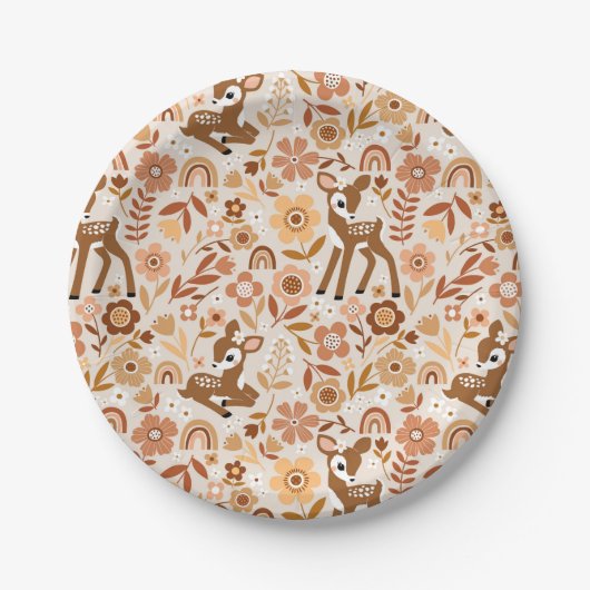 Cute Woodland Baby Deer Floral Pattern Papieren Bordje (Voorkant)