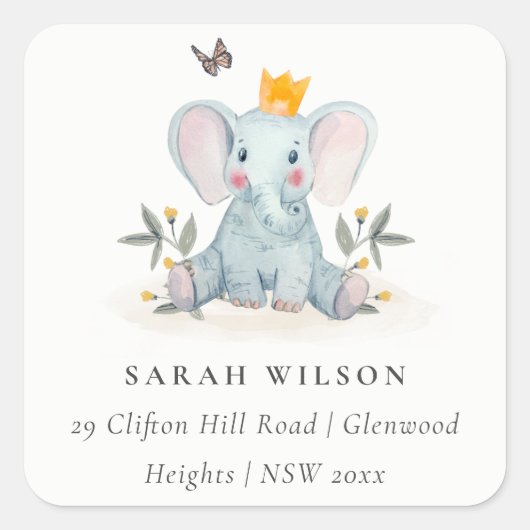 Cute Woodland Baby Elephant Foliage Address Vierkante Sticker (Voorkant)