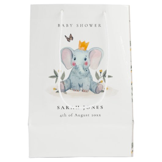 Cute Woodland Baby Elephant Foliage Baby shower Medium Cadeauzakje (Achterkant)
