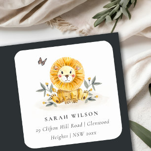 Cute Woodland Baby Lion Foliage Yellow Address Vierkante Sticker