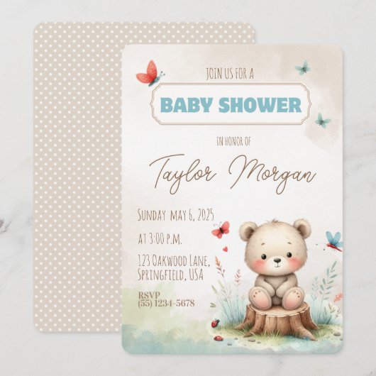 Cute Woodland Bear Baby Shower Invitation Kaart (Voorkant / Achterkant)