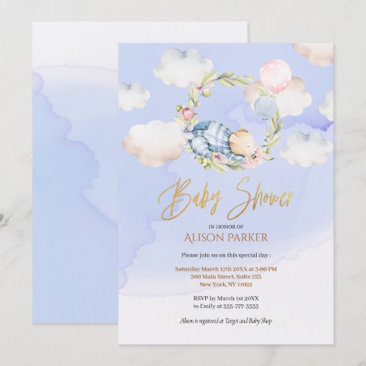 Cute Woodland Beer Floral Blue Sky Baby shower Kaart (Voorkant / Achterkant)