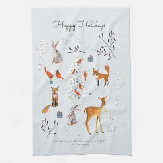 Cute Woodland Blue animals fox & hert Theedoek (Verticaal)