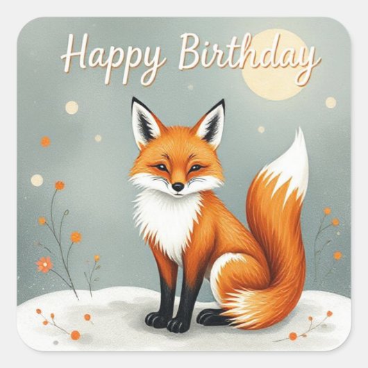 Cute Woodland Brown Fox Happy Birthday Vierkante Sticker (Voorkant)