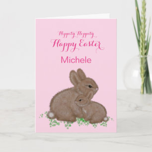 Cute Woodland Bunnies in Clover Pink Easter Feestdagen Kaart