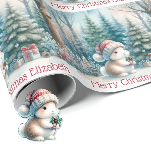 Cute Woodland Bunny Christmas Personalize Name Cadeaupapier
