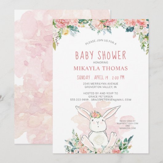 Cute Woodland Bunny Pink Floral Baby shower (Voorkant / Achterkant)