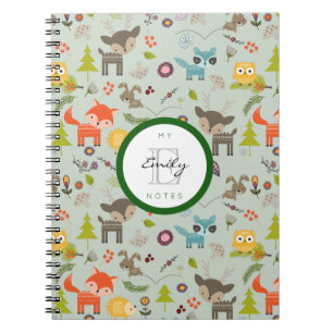 Cute Woodland Creaters Animal Pattern & Monogram Notitieboek