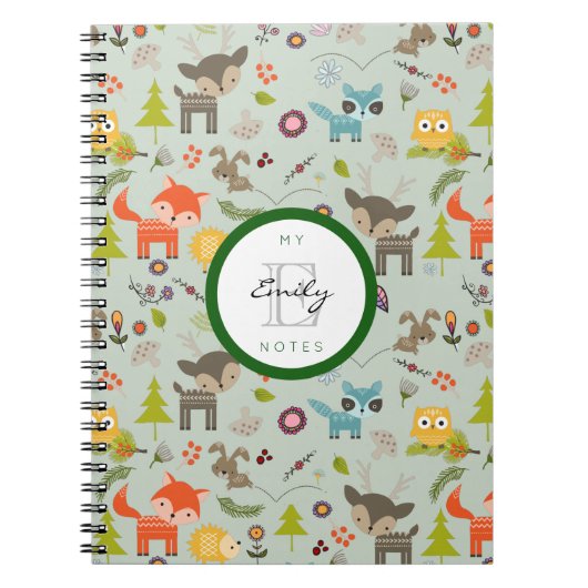 Cute Woodland Creaters Animal Pattern & Monogram Notitieboek (Voorkant)