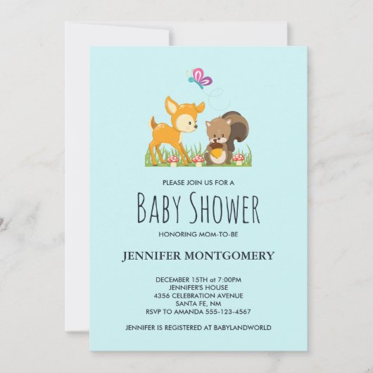 Cute Woodland Creatures Cartoon Baby shower Invite Kaart (Voorkant)
