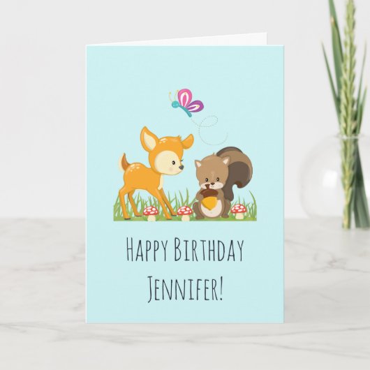 Cute Woodland Creatures Cartoon Birthday Kaart (Voorkant)