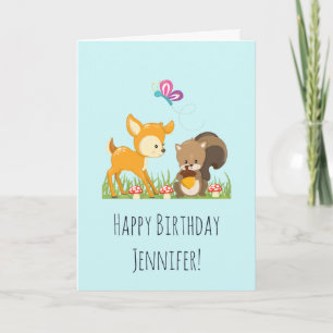 Cute Woodland Creatures Cartoon Birthday Kaart