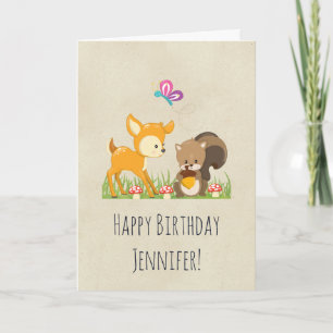 Cute Woodland Creatures Cartoon Birthday Kaart