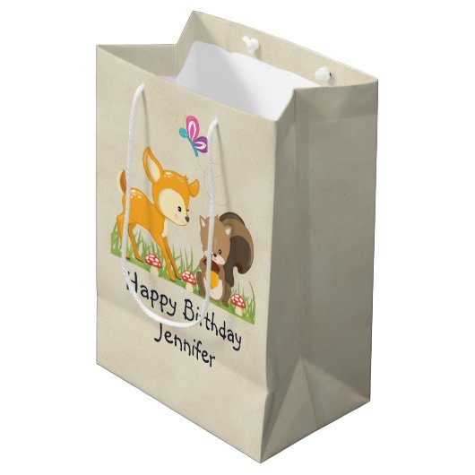 Cute Woodland Creatures Cartoon Birthday Medium Cadeauzakje (Voorkant Gekanteld)