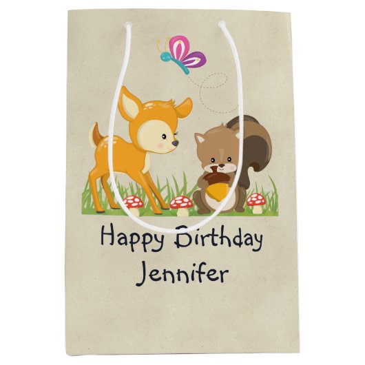 Cute Woodland Creatures Cartoon Birthday Medium Cadeauzakje (Voorkant)