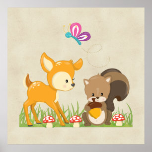 Cute Woodland Creatures Cartoon Illustration Poster