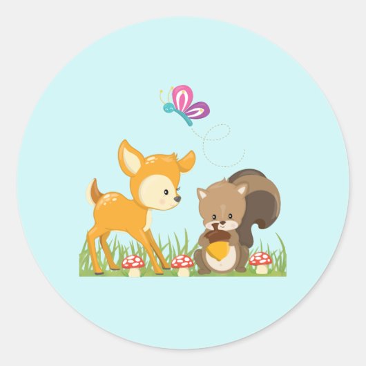 Cute Woodland Creatures Cartoon Illustration Ronde Sticker (Voorkant)