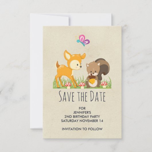 Cute Woodland Creatures Cartoon Illustration Save The Date (Voorkant)