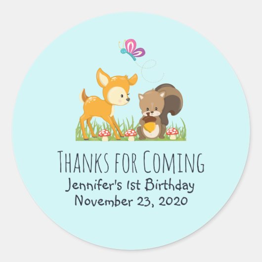 Cute Woodland Creatures Cartoon Party Dank je Ronde Sticker (Voorkant)
