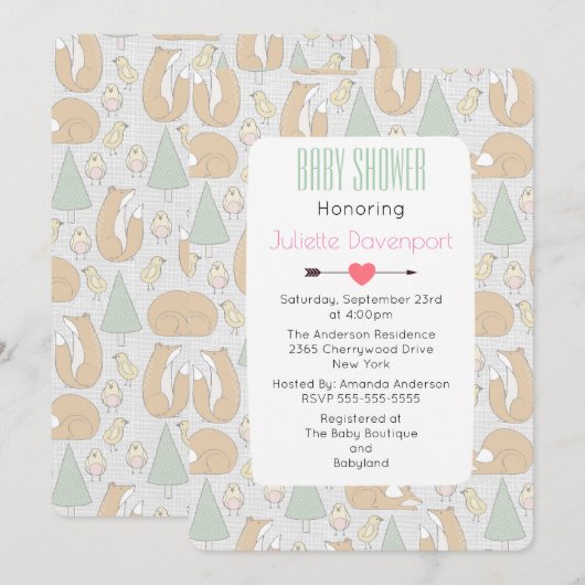 Cute Woodland Creatures Pattern Baby shower Invite Kaart (Voorkant / Achterkant)