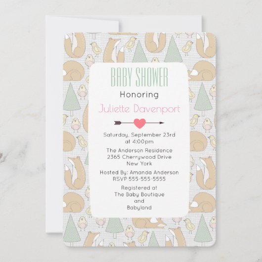 Cute Woodland Creatures Pattern Baby shower Invite Kaart (Voorkant)